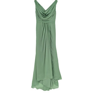 Sage Green Cowl Neck Sheer Chiffon Draped Lace Up Maxi Formal Bridesmaid Gown 12